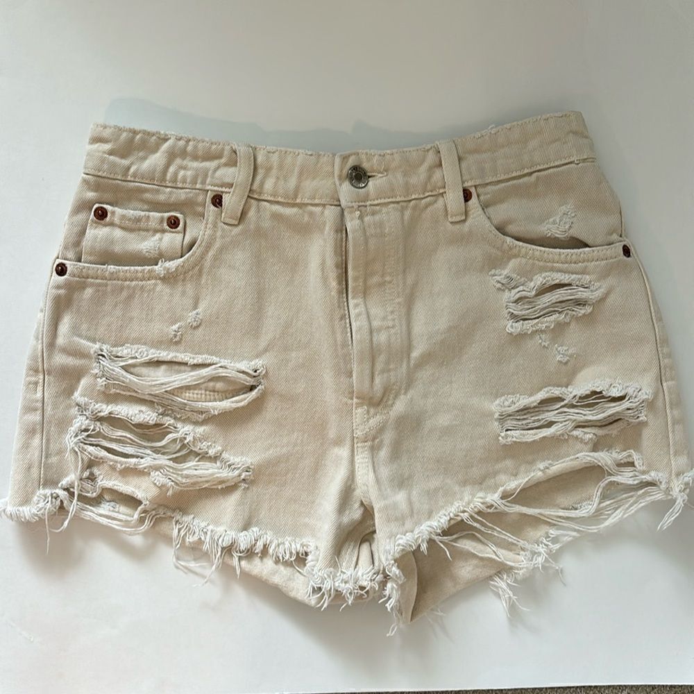 Zara Beigh Distressed Destroyed Button Fly Denim Shorts Size 6